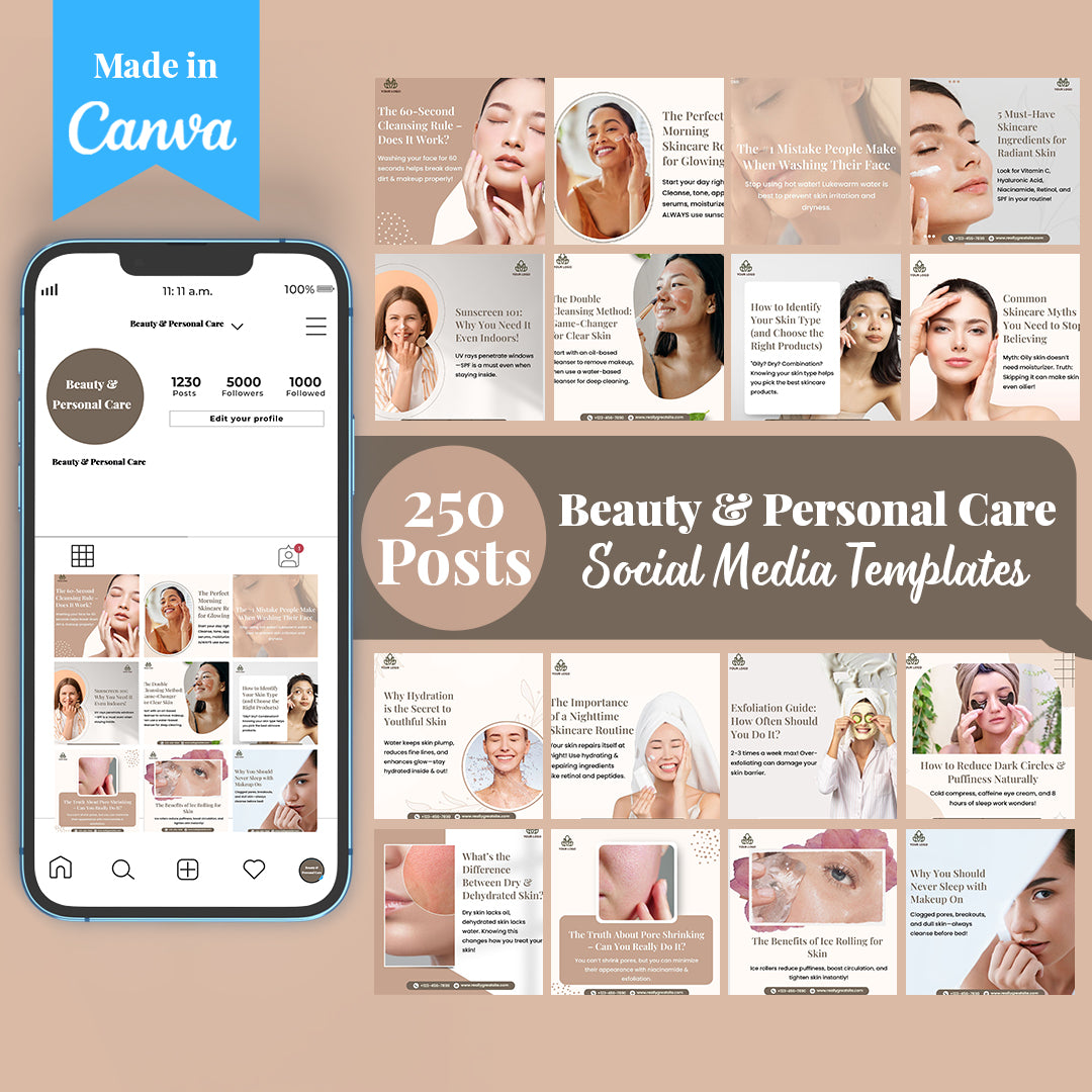 Beauty & Personal Care Social Media Template Pack: 250 Editable Canva Posts