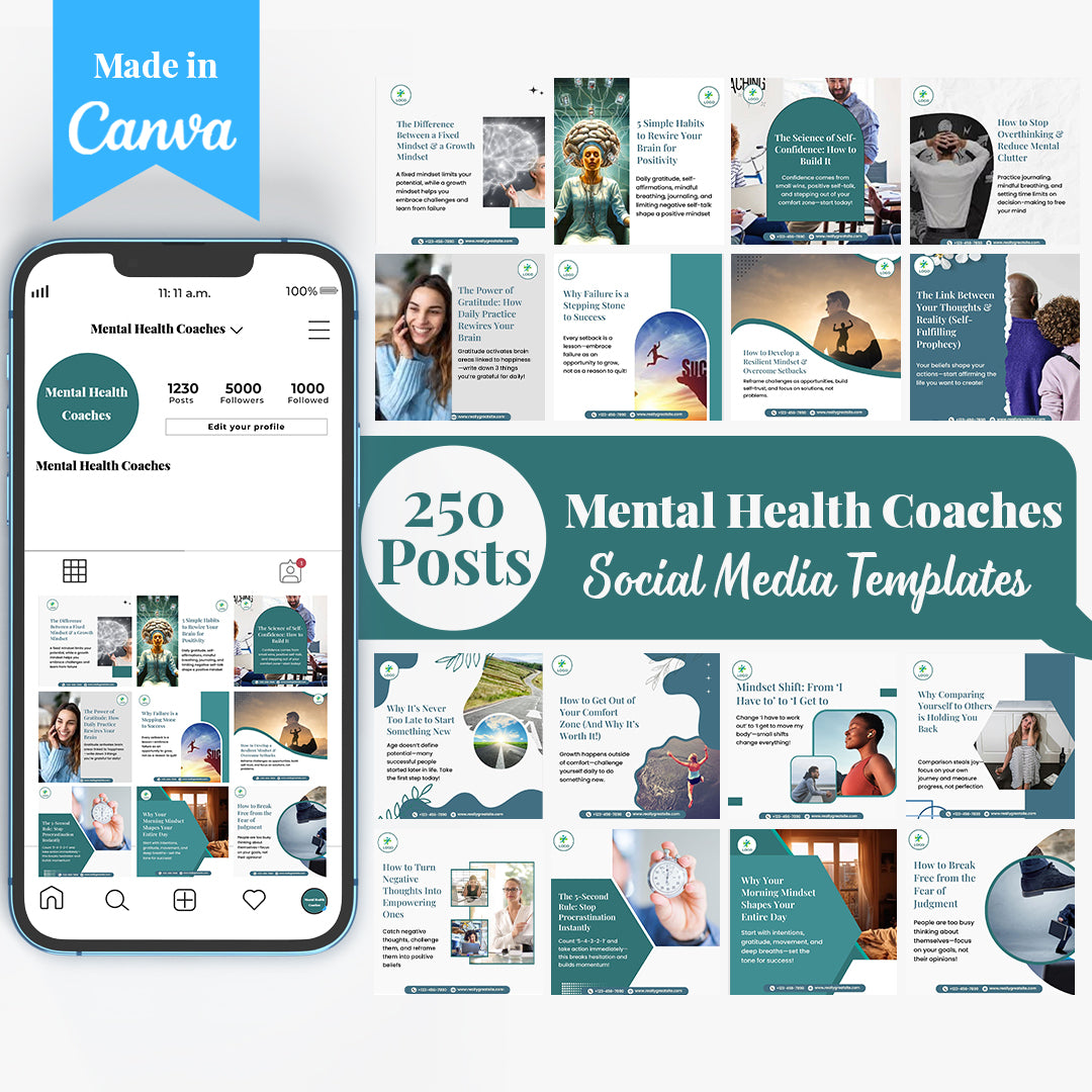 Mental Health Coaching Social Media Template Pack: 250 Editable Canva Posts