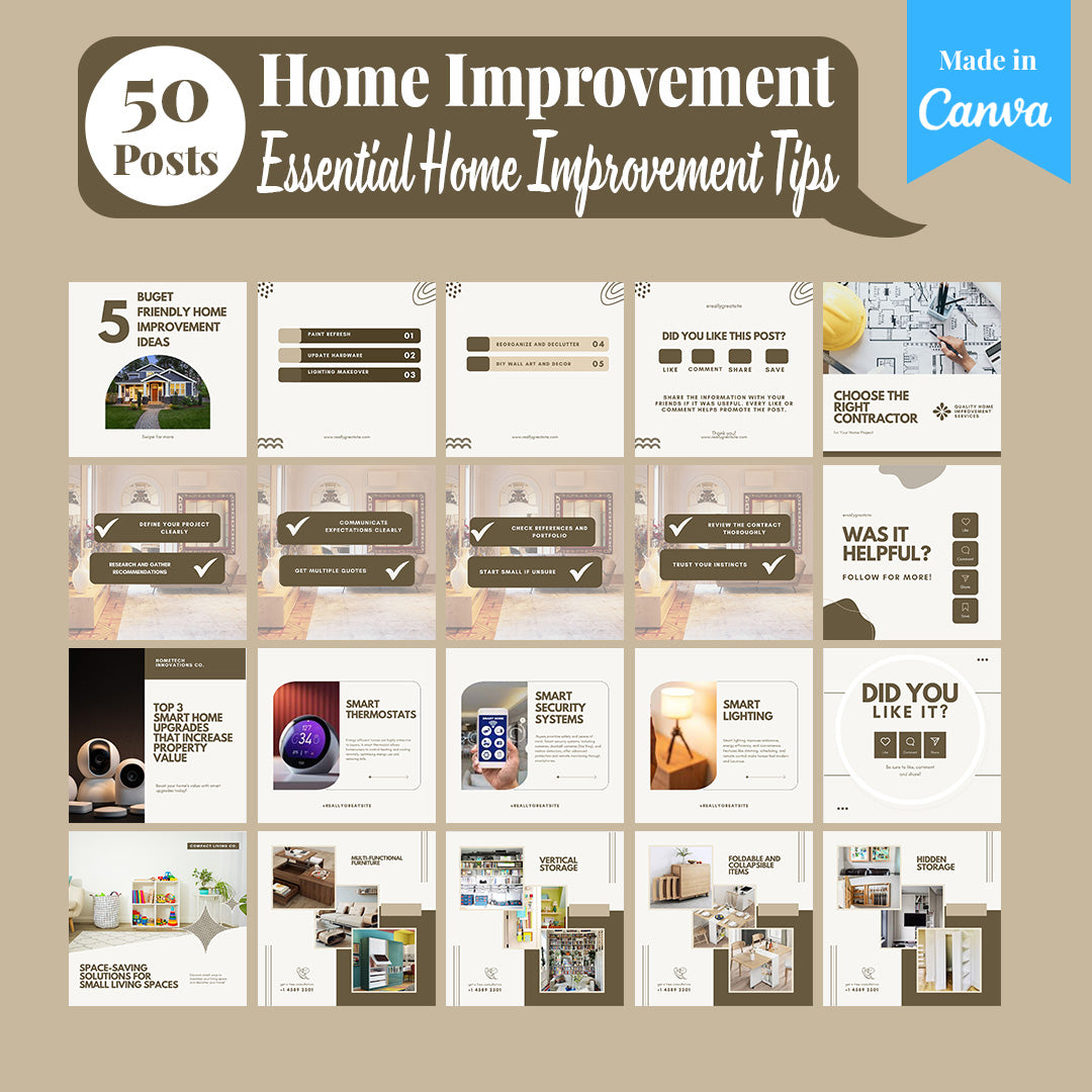 Home Improvement Social Media Template Pack: 250 Editable Canva Posts