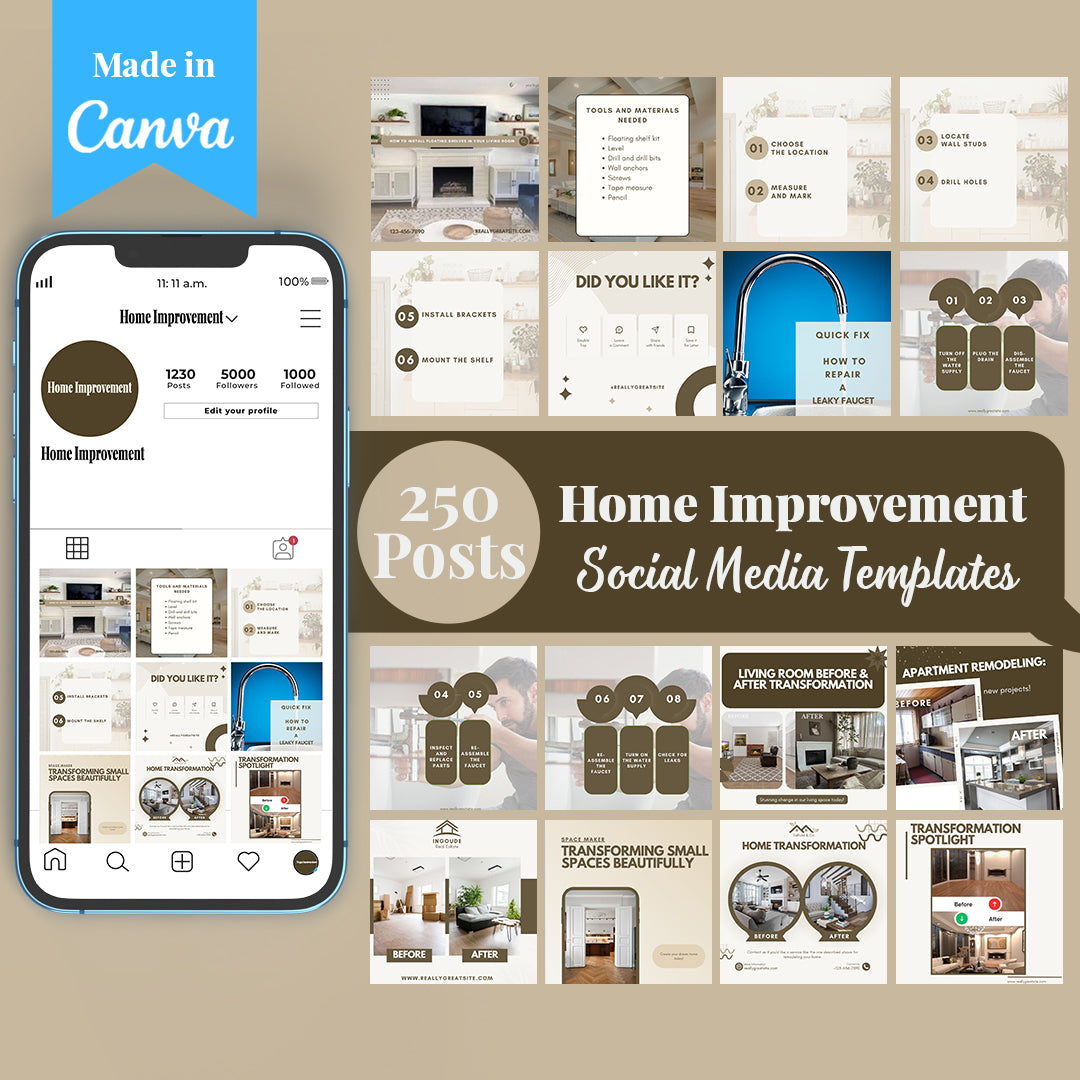 Home Improvement Social Media Template Pack: 250 Editable Canva Posts