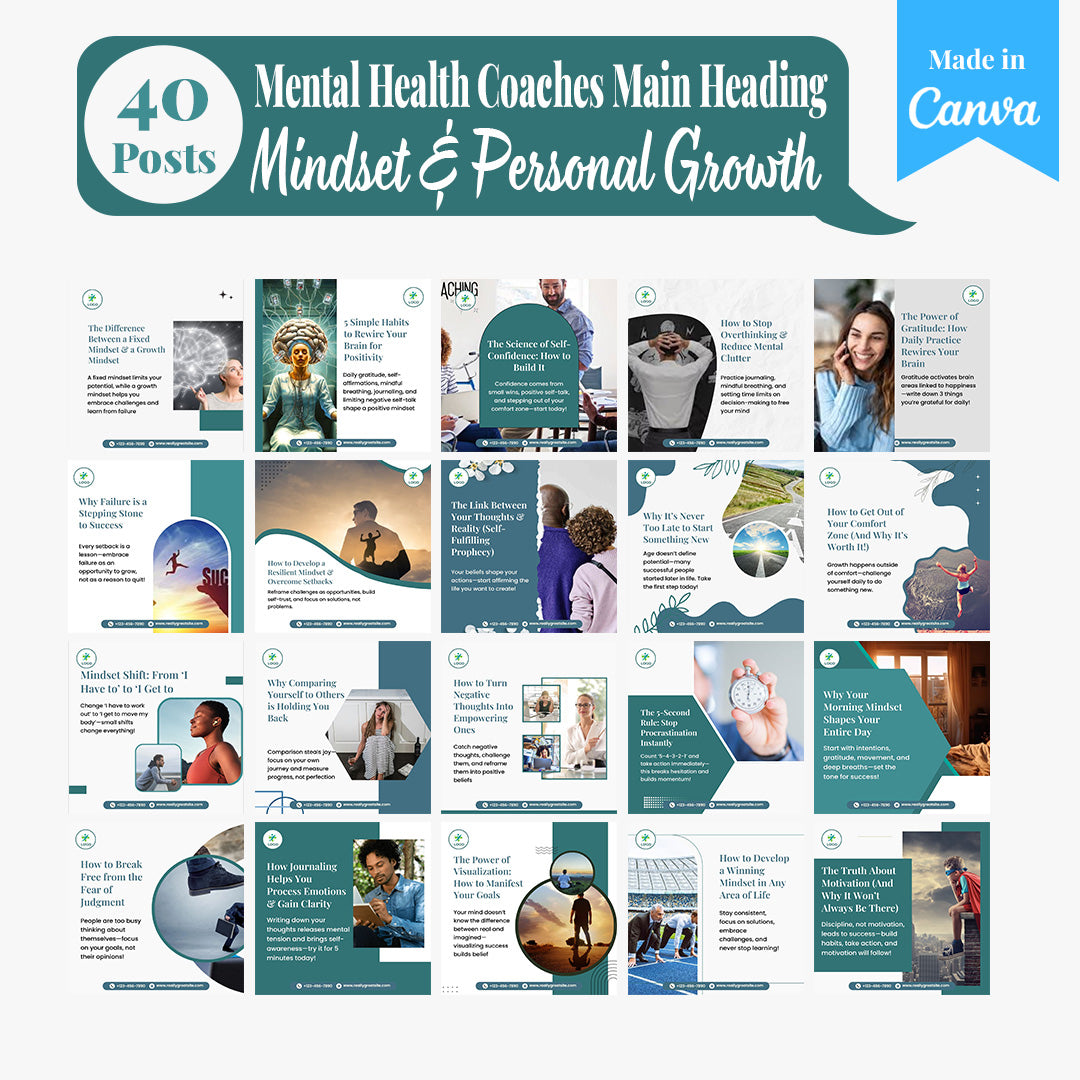 Mental Health Coaching Social Media Template Pack: 250 Editable Canva Posts