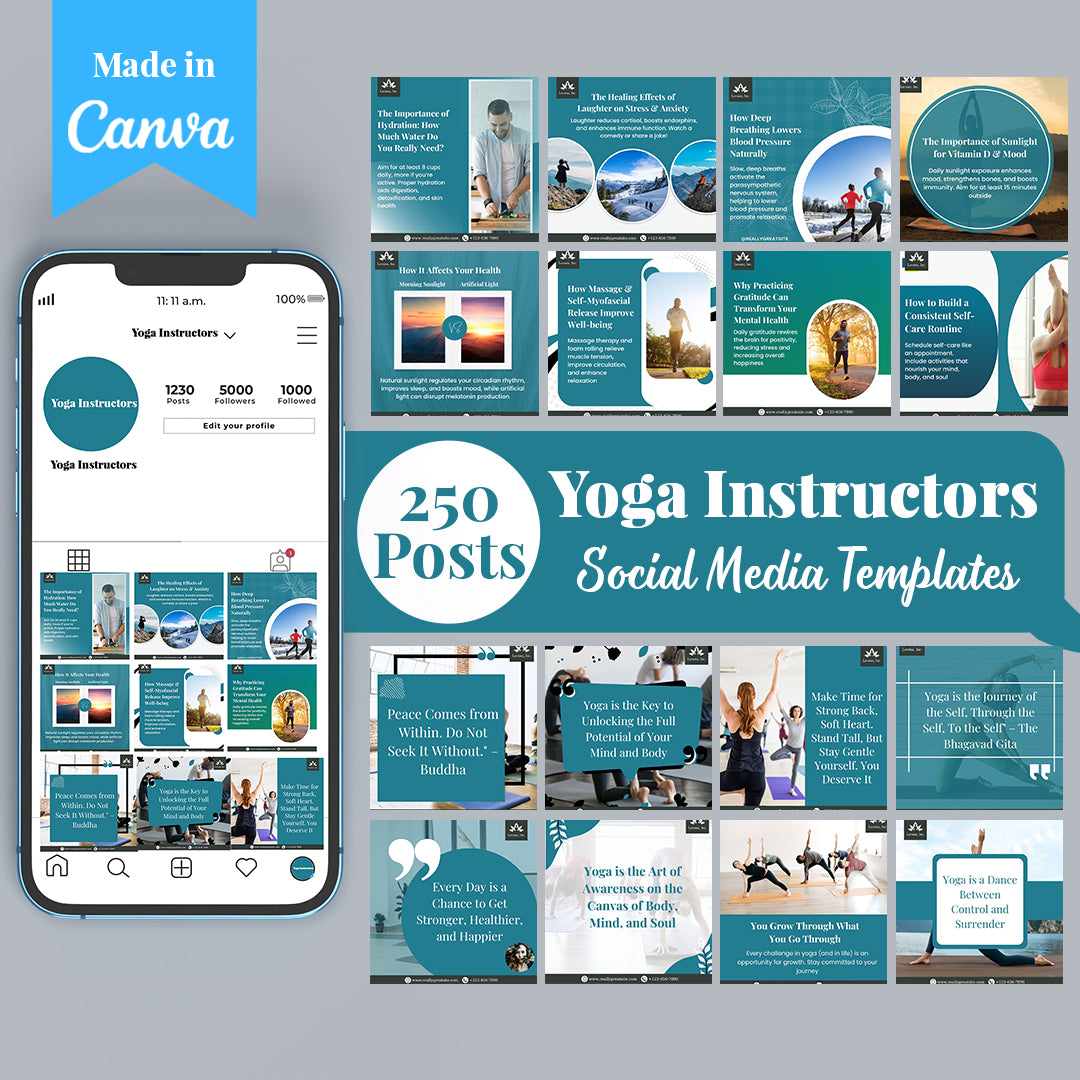 Yoga Instructors Social Media Template Pack: 250 Editable Canva Posts