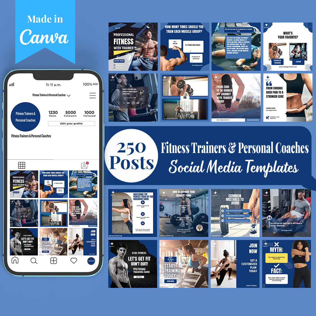 Fitness Trainers & Coaches Social Media Pack: 250 Editable Canva Templates