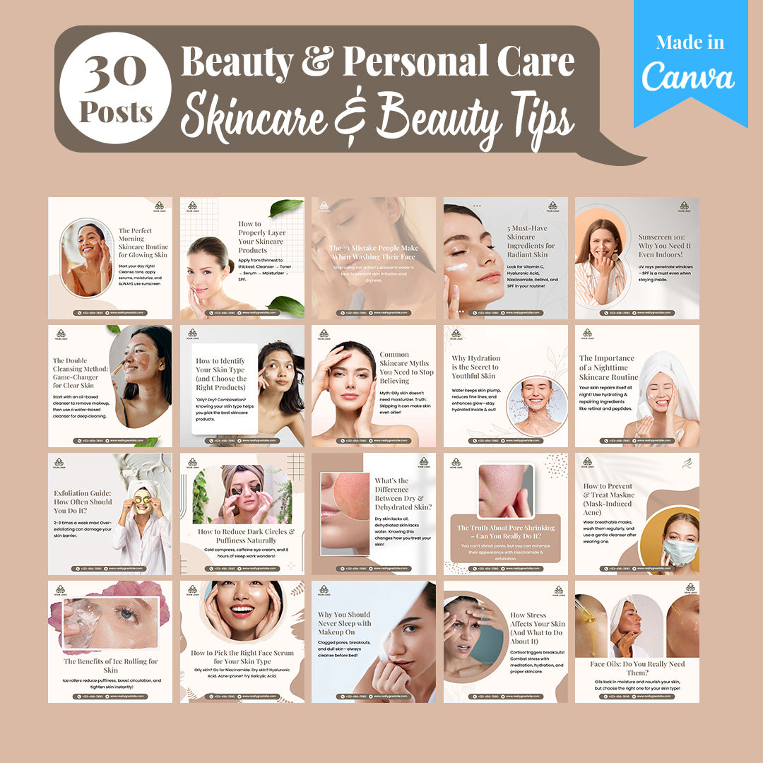 Beauty & Personal Care Social Media Template Pack: 250 Editable Canva Posts