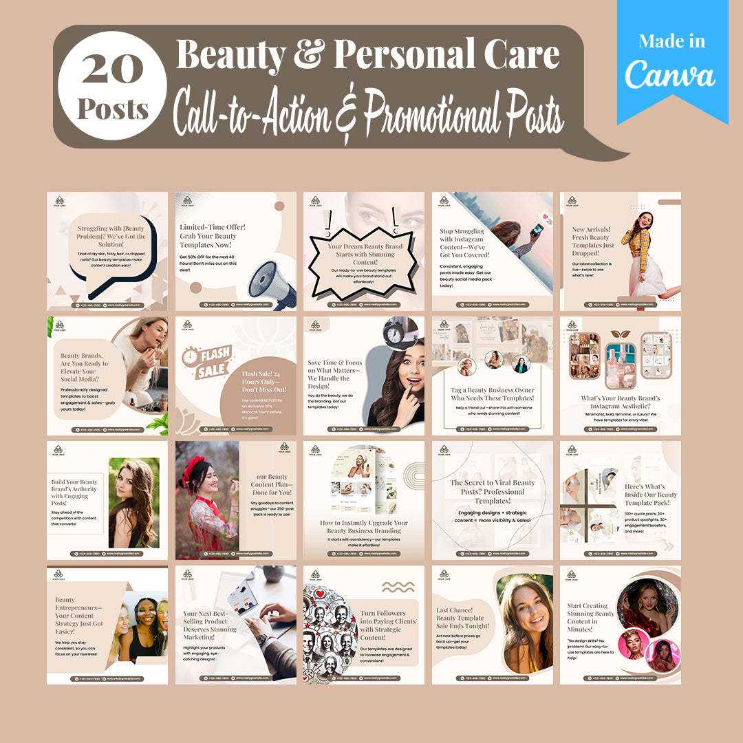 Beauty & Personal Care Social Media Template Pack: 250 Editable Canva Posts