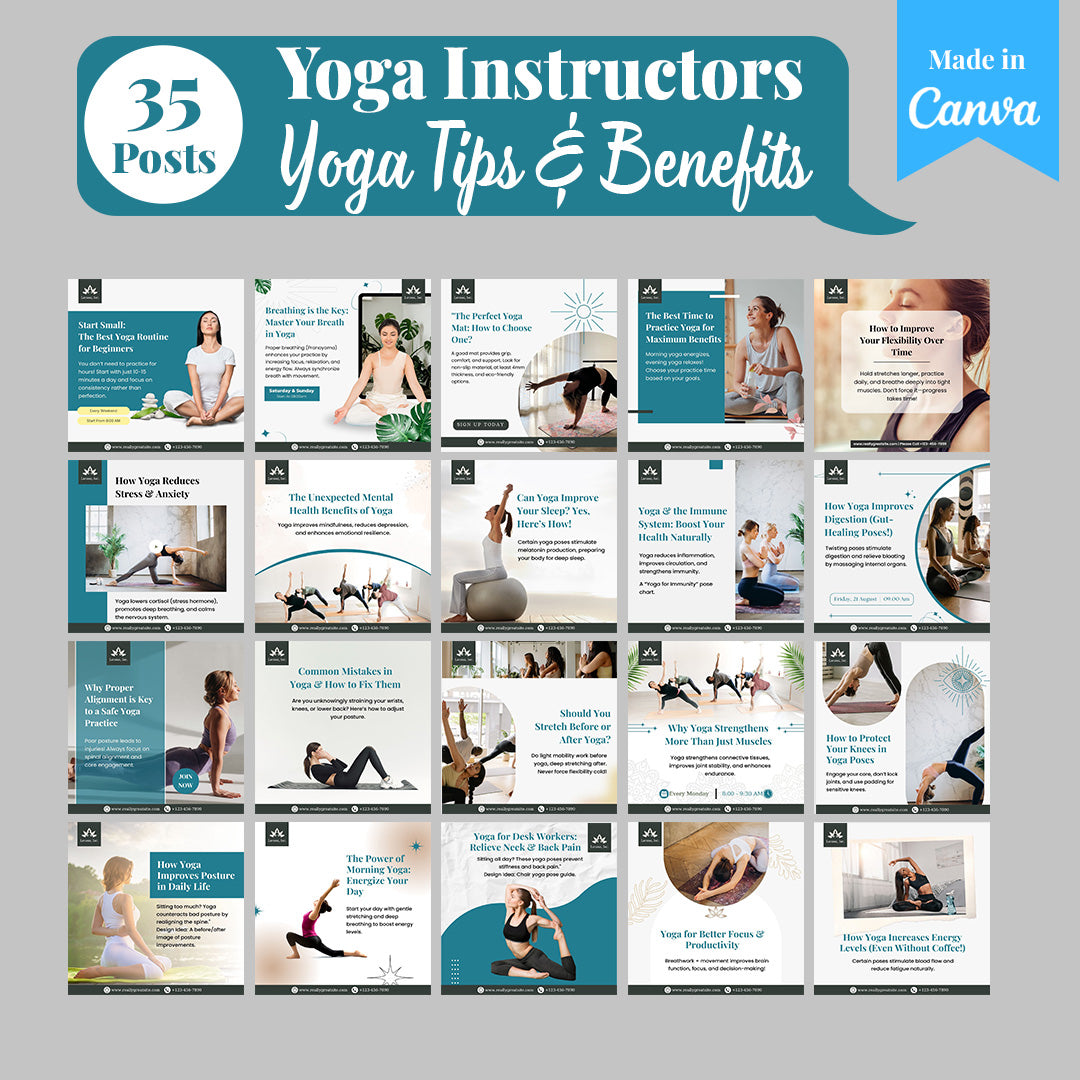 Yoga Instructors Social Media Template Pack: 250 Editable Canva Posts