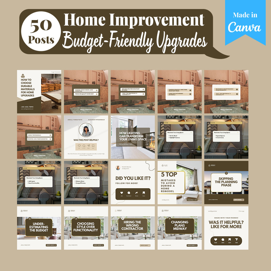 Home Improvement Social Media Template Pack: 250 Editable Canva Posts