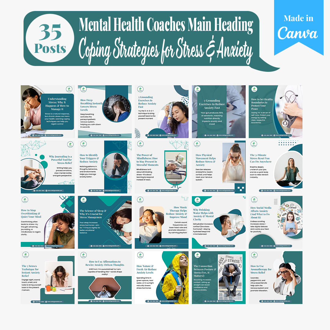 Mental Health Coaching Social Media Template Pack: 250 Editable Canva Posts