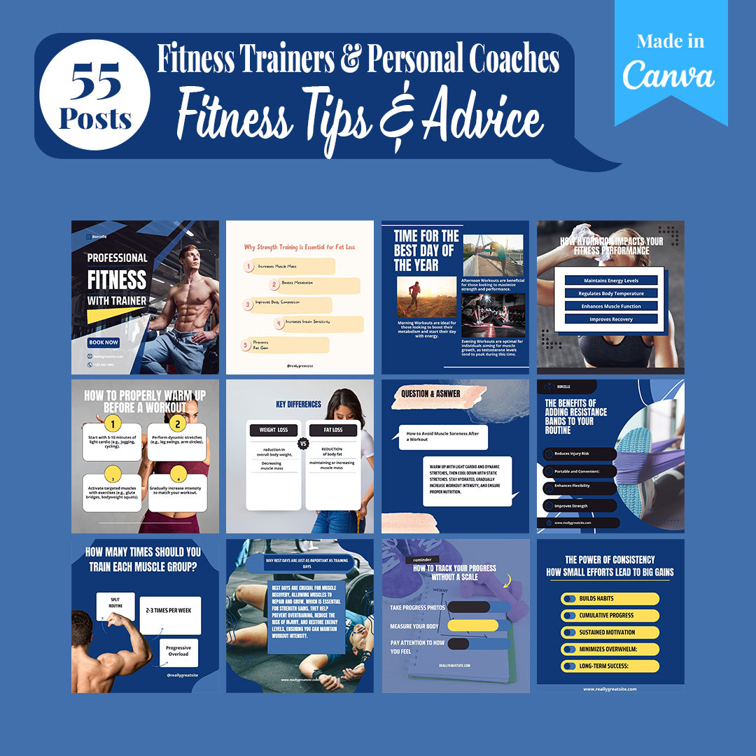 Fitness Trainers & Coaches Social Media Pack: 250 Editable Canva Templates