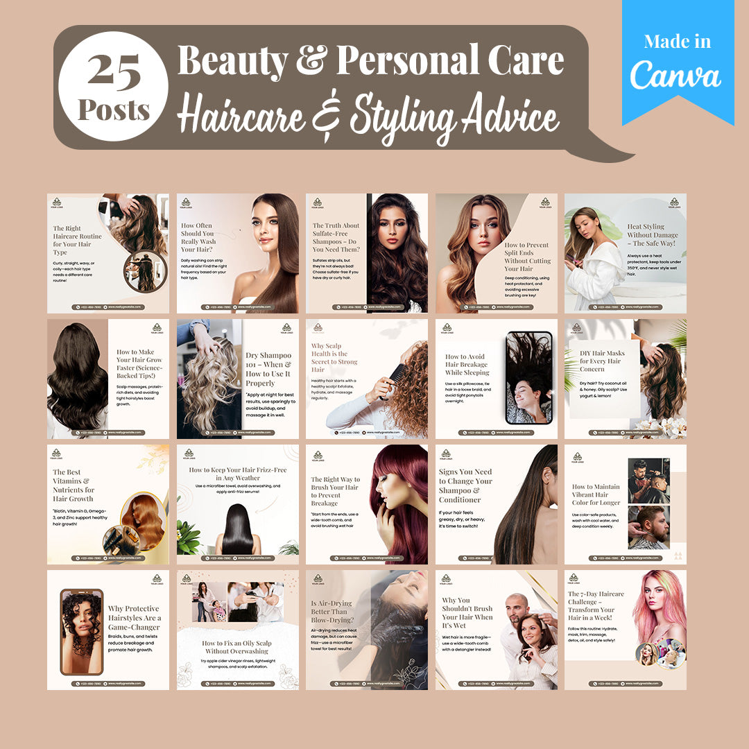 Beauty & Personal Care Social Media Template Pack: 250 Editable Canva Posts