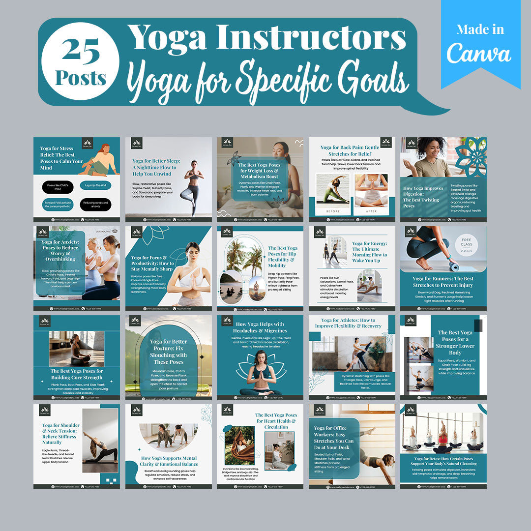 Yoga Instructors Social Media Template Pack: 250 Editable Canva Posts