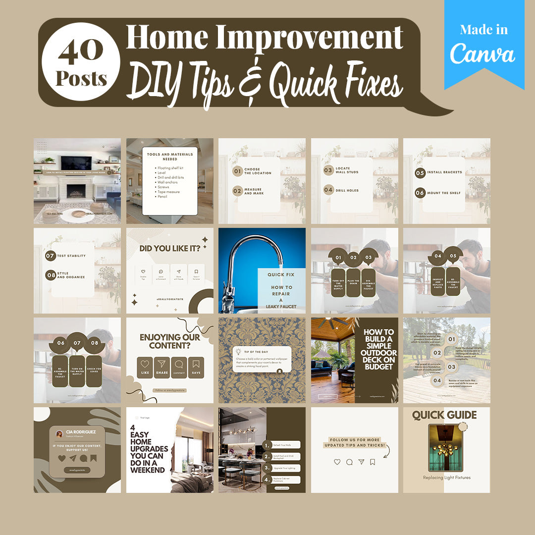 Home Improvement Social Media Template Pack: 250 Editable Canva Posts