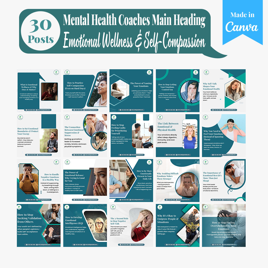 Mental Health Coaching Social Media Template Pack: 250 Editable Canva Posts