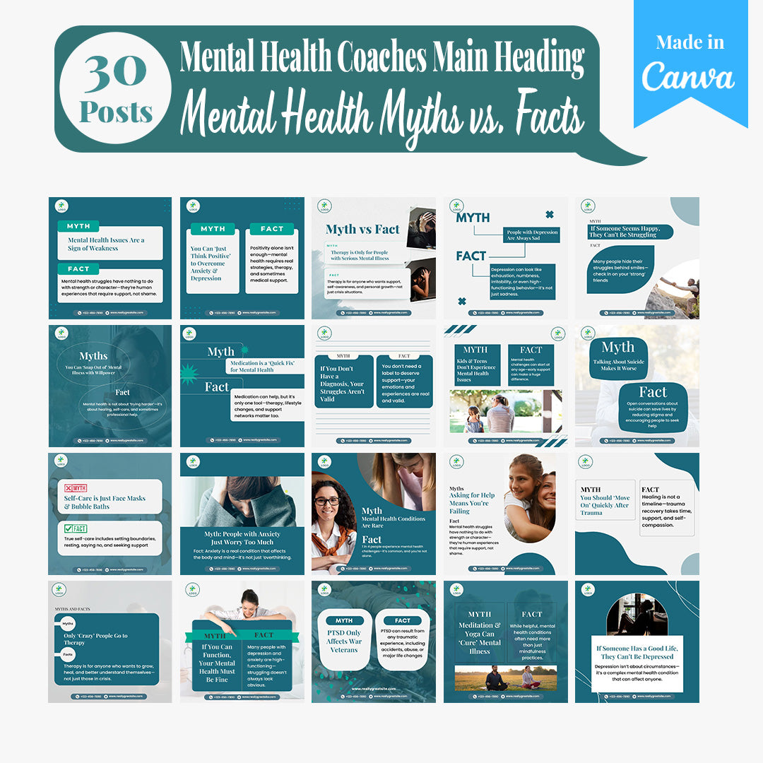 Mental Health Coaching Social Media Template Pack: 250 Editable Canva Posts