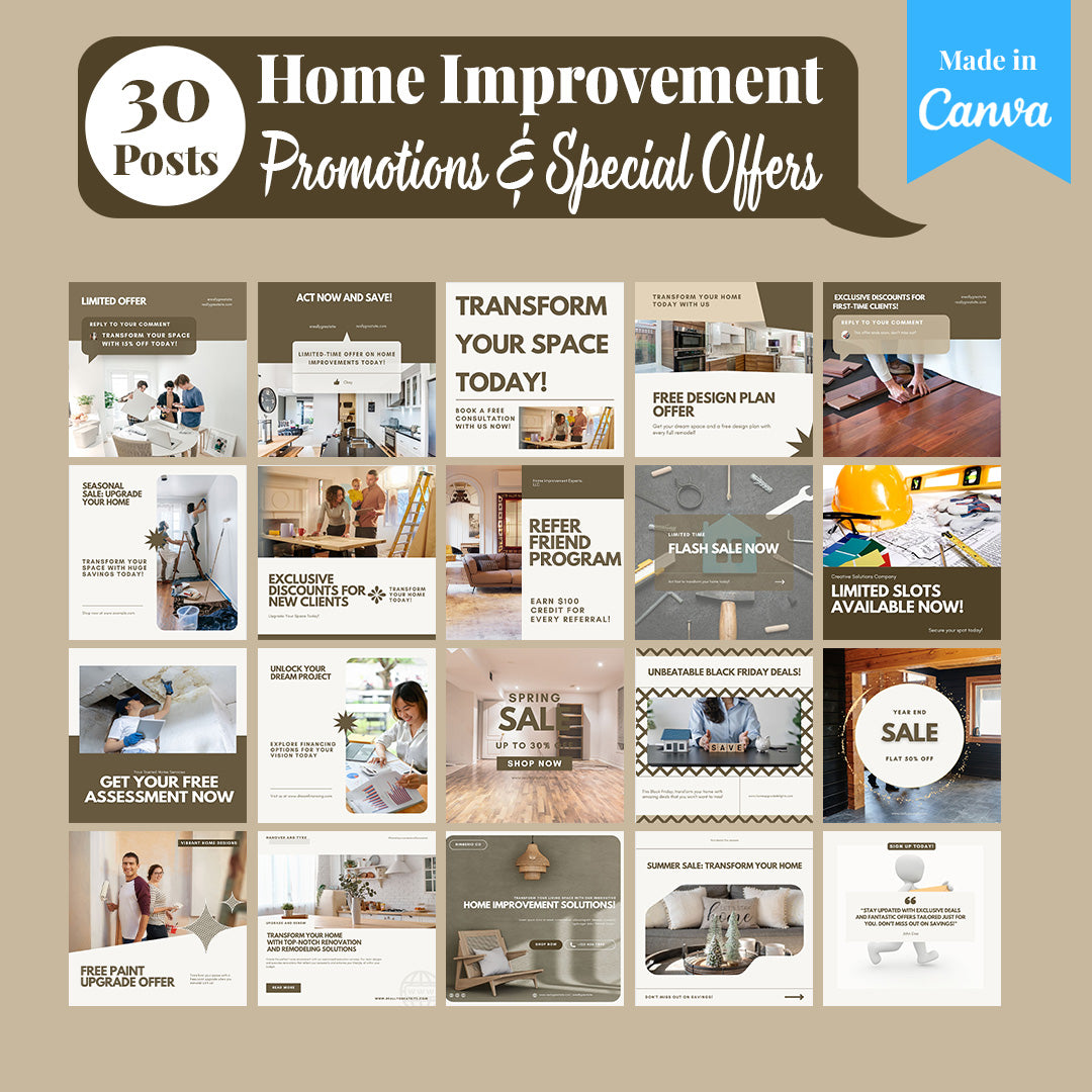 Home Improvement Social Media Template Pack: 250 Editable Canva Posts