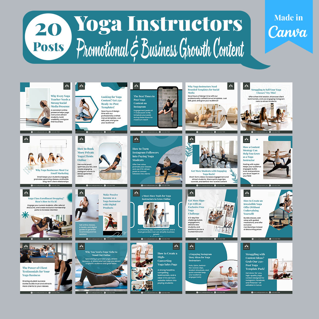 Yoga Instructors Social Media Template Pack: 250 Editable Canva Posts