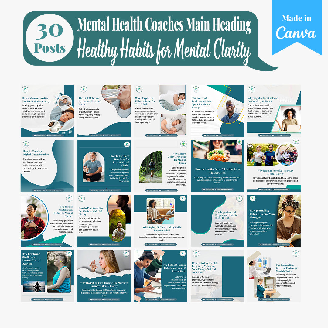 Mental Health Coaching Social Media Template Pack: 250 Editable Canva Posts