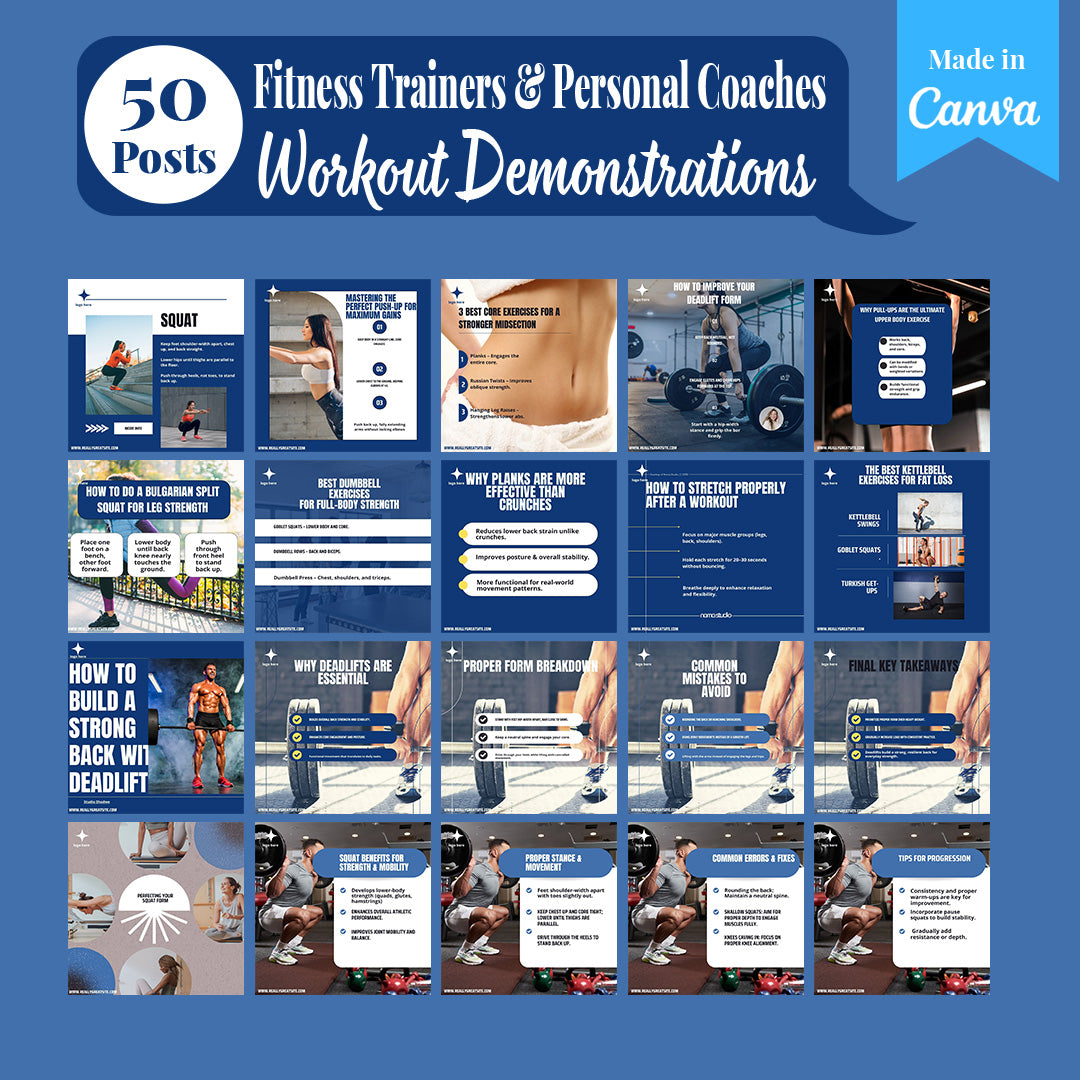 Fitness Trainers & Coaches Social Media Pack: 250 Editable Canva Templates