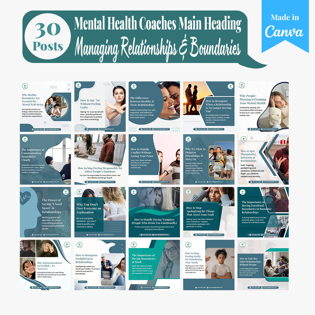 Mental Health Coaching Social Media Template Pack: 250 Editable Canva Posts