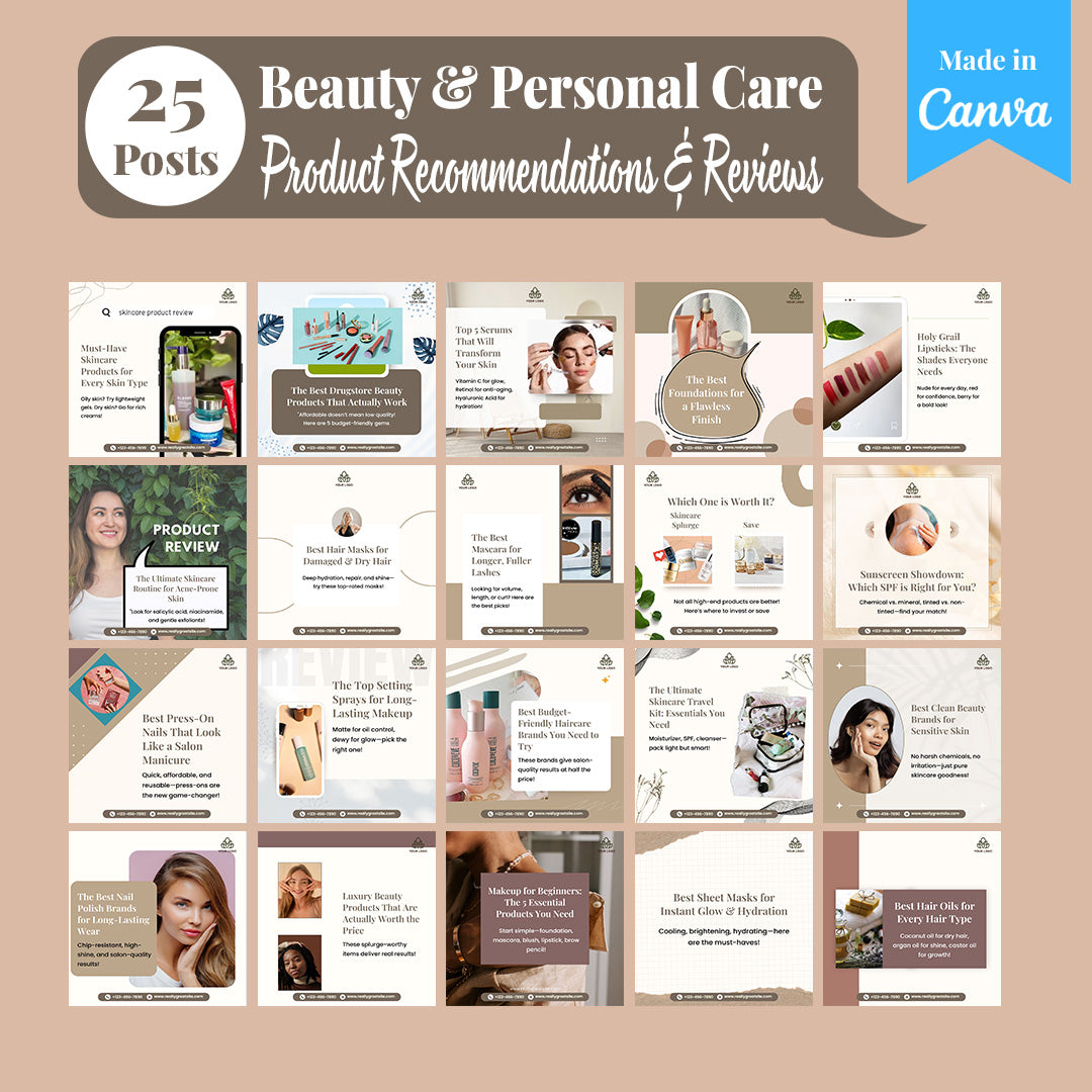 Beauty & Personal Care Social Media Template Pack: 250 Editable Canva Posts