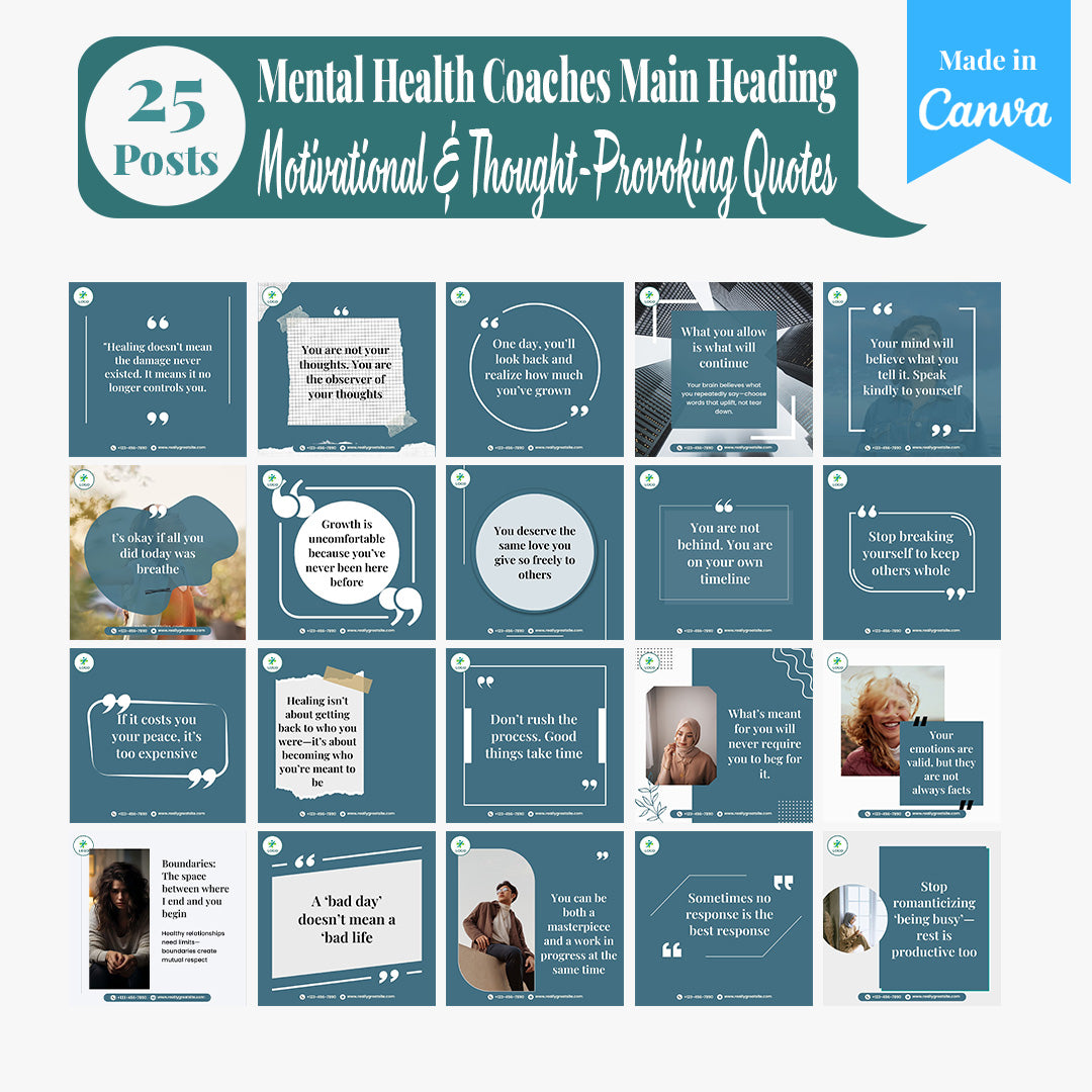 Mental Health Coaching Social Media Template Pack: 250 Editable Canva Posts