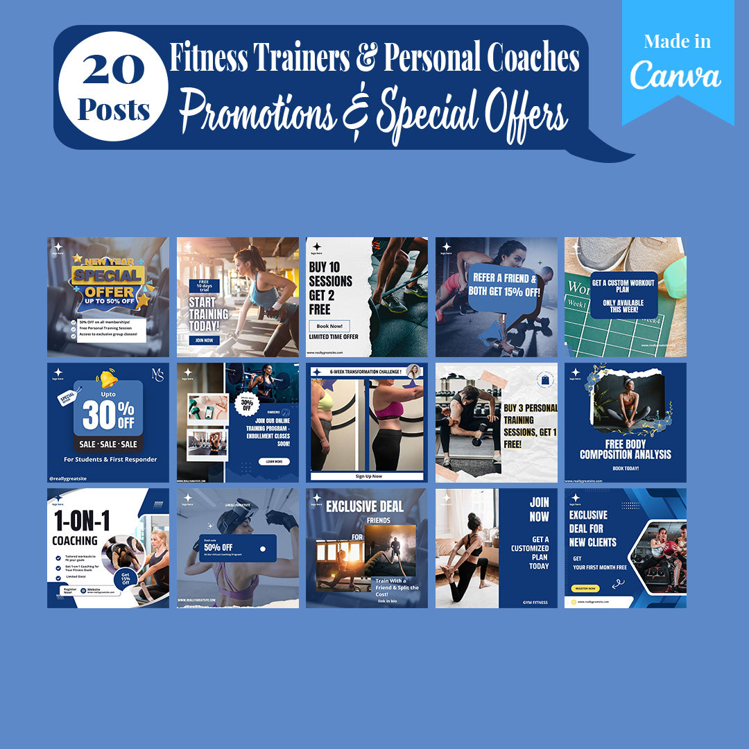 Fitness Trainers & Coaches Social Media Pack: 250 Editable Canva Templates