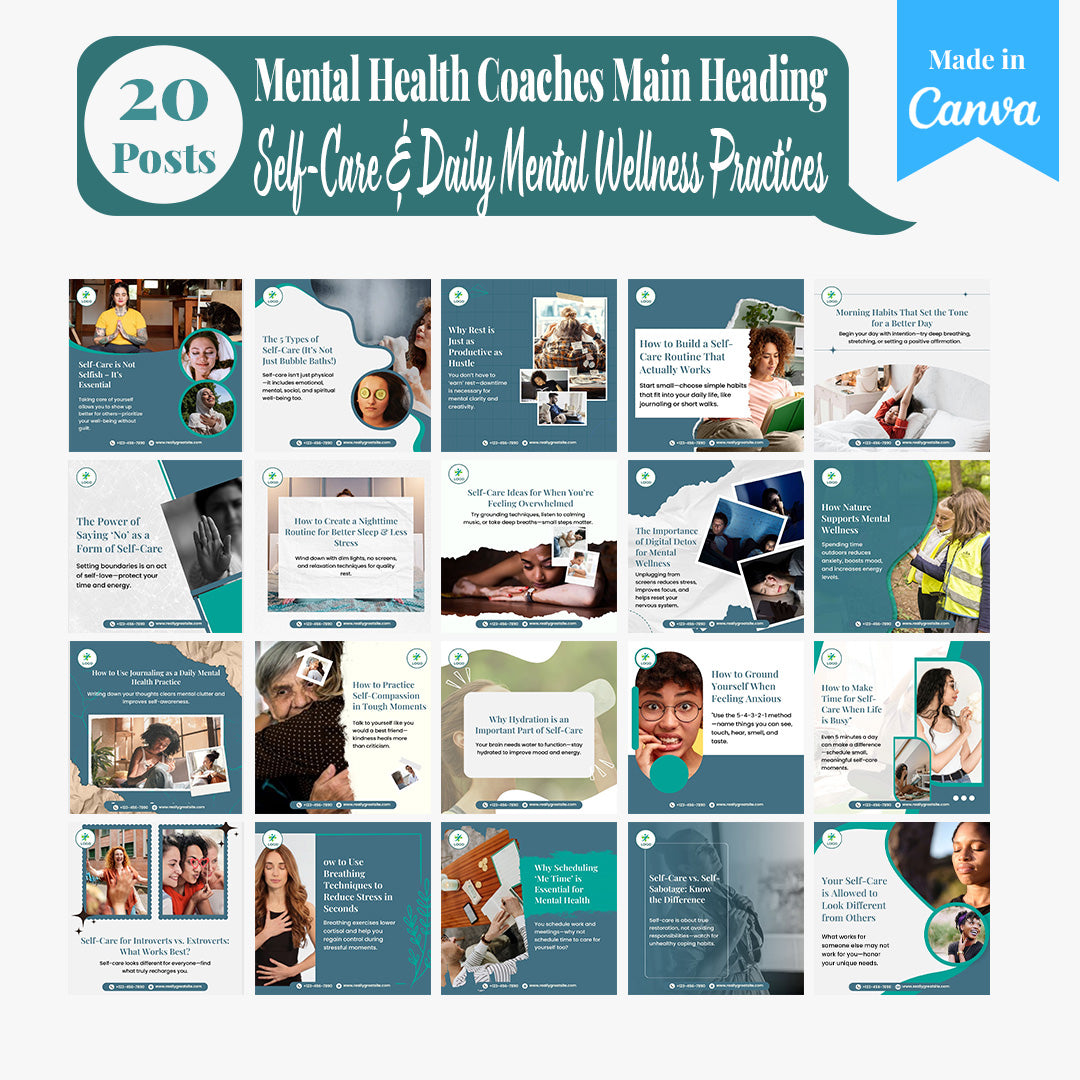 Mental Health Coaching Social Media Template Pack: 250 Editable Canva Posts