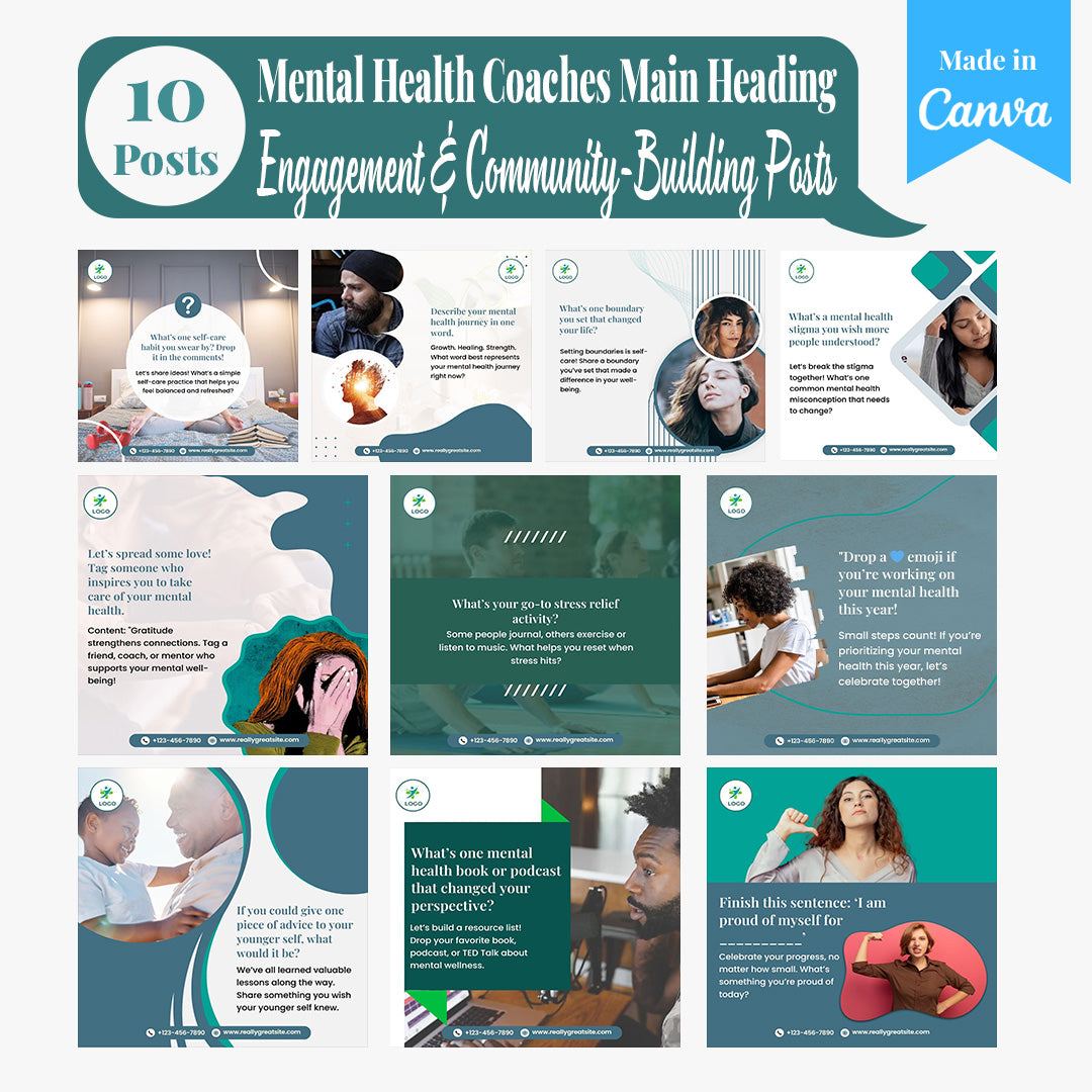 Mental Health Coaching Social Media Template Pack: 250 Editable Canva Posts