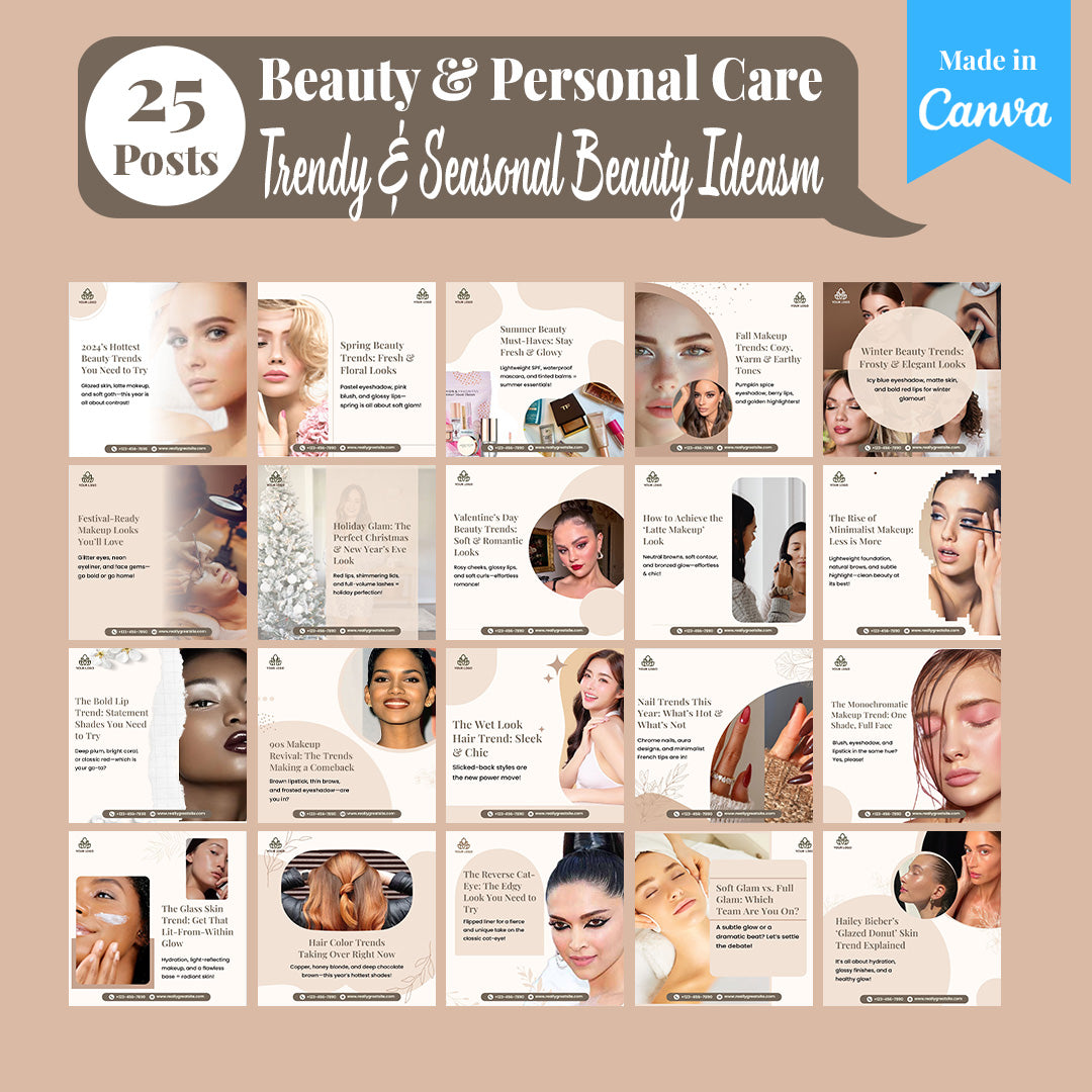 Beauty & Personal Care Social Media Template Pack: 250 Editable Canva Posts