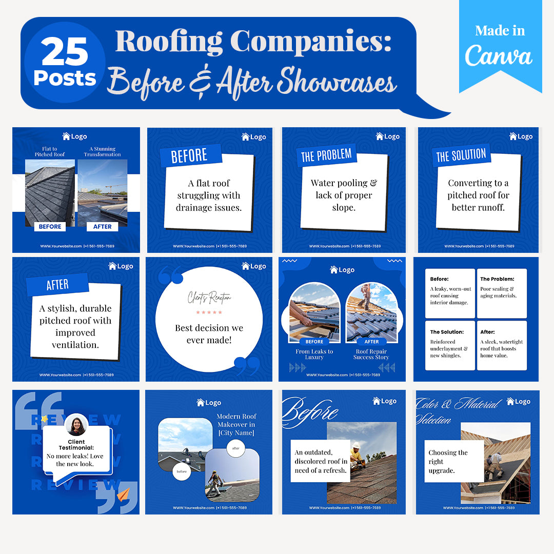 Roofing Companies Social Media Templates: 250 Editable Canva Posts