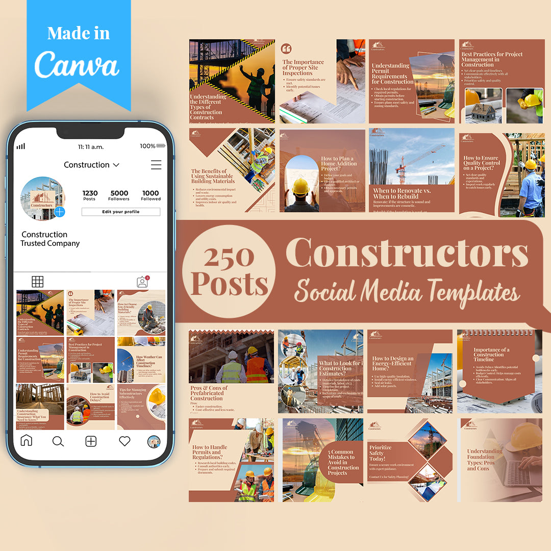 Construction Social Media Template Pack: 250 Editable Canva Posts