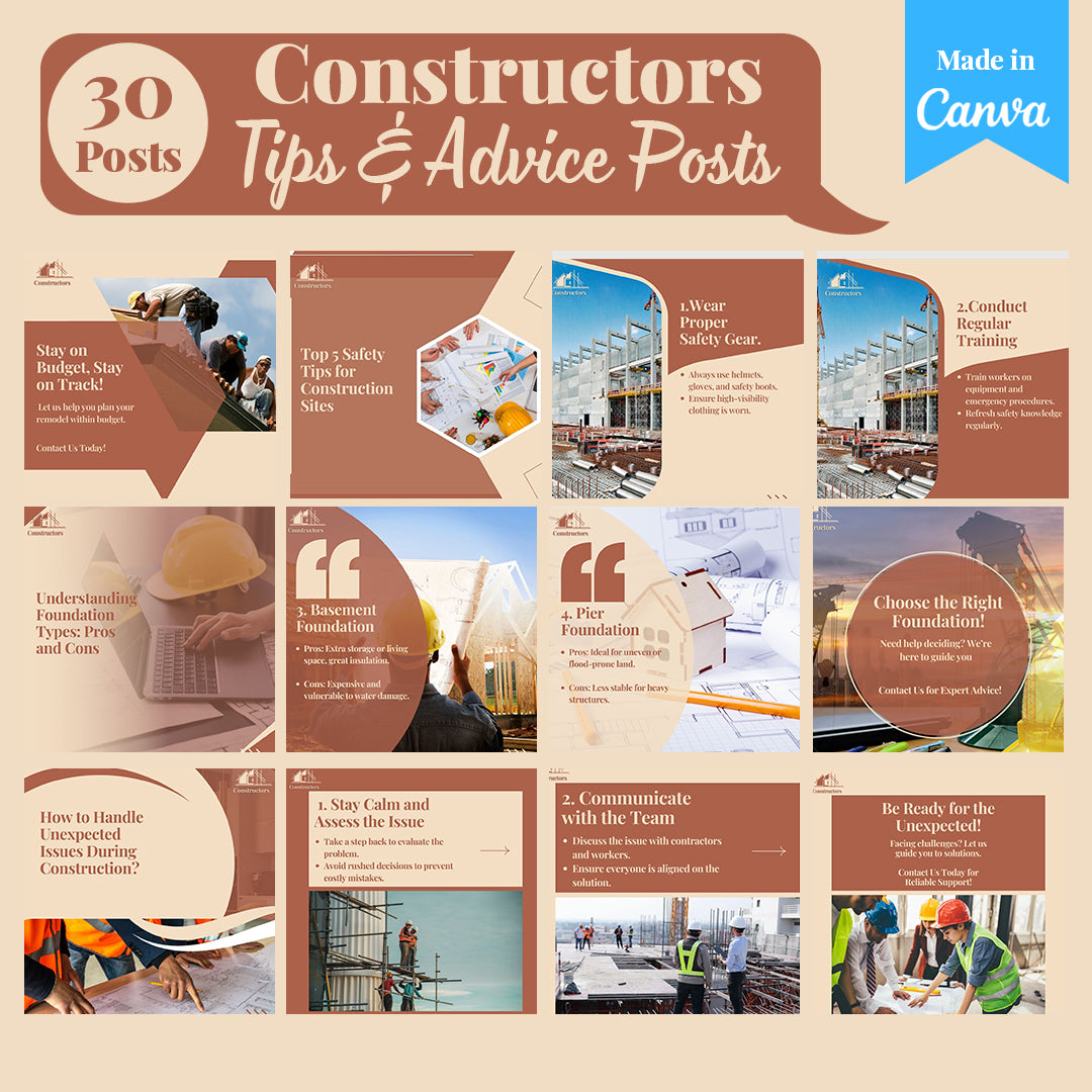 Construction Social Media Template Pack: 250 Editable Canva Posts