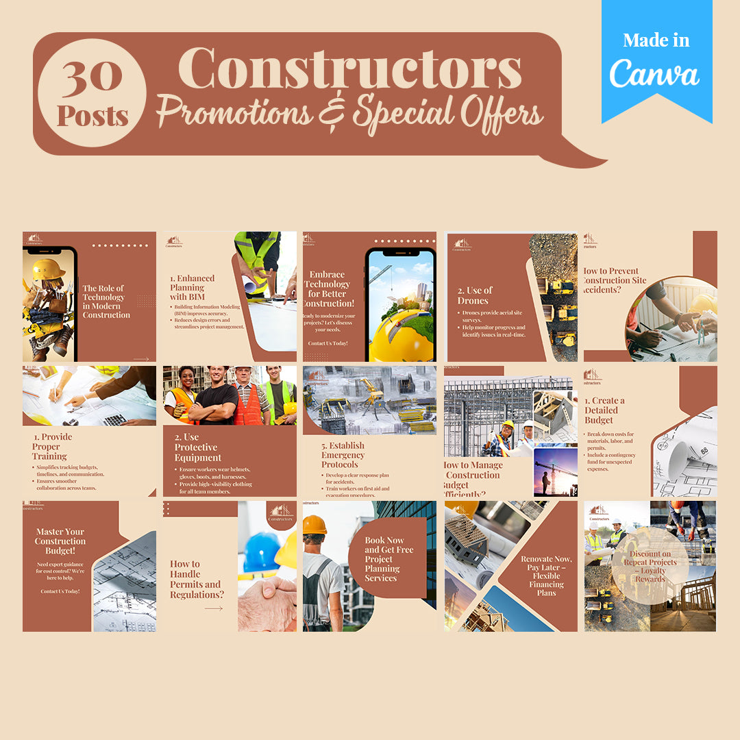 Construction Social Media Template Pack: 250 Editable Canva Posts