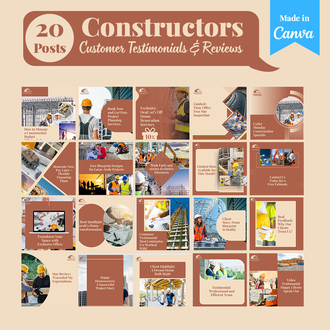 Construction Social Media Template Pack: 250 Editable Canva Posts