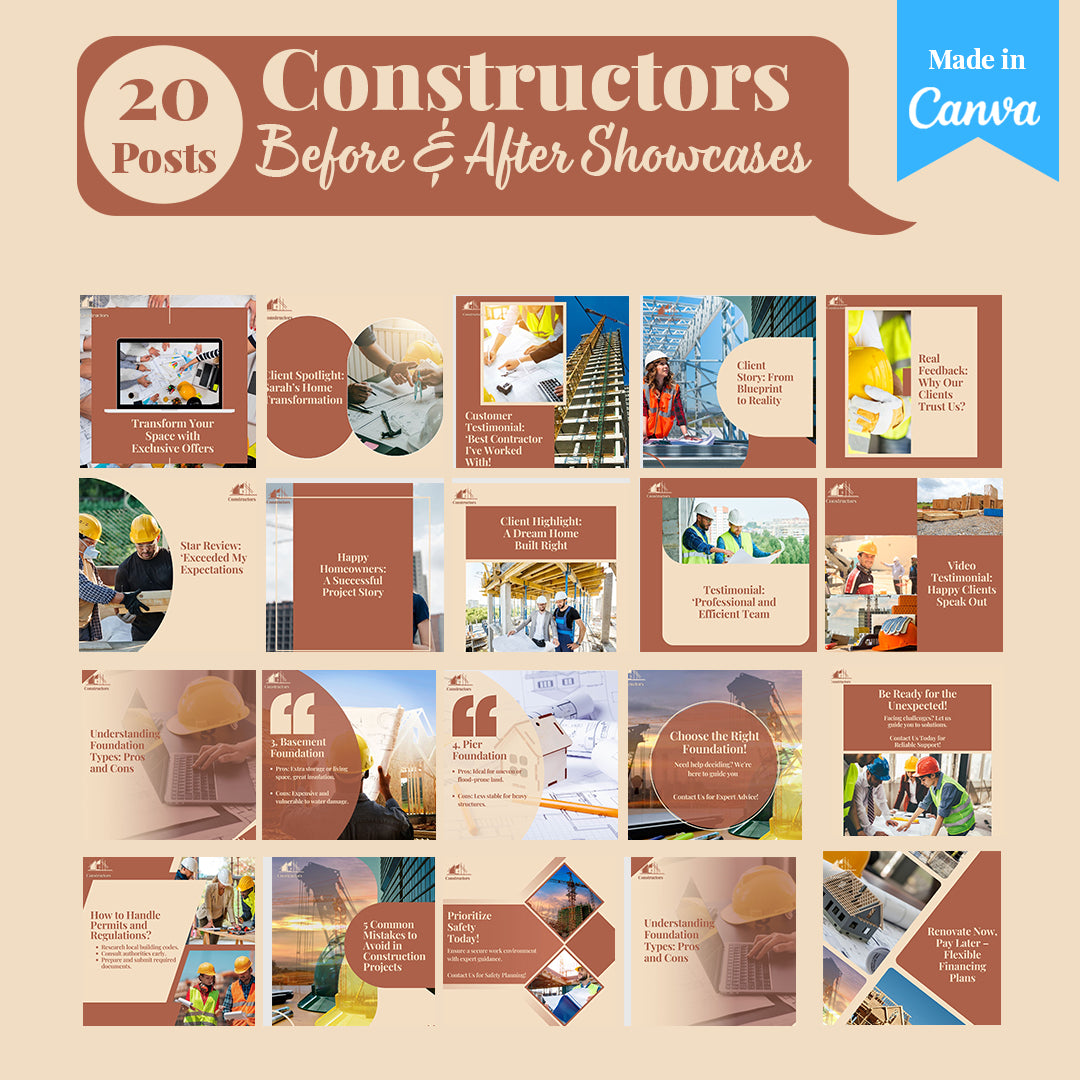 Construction Social Media Template Pack: 250 Editable Canva Posts