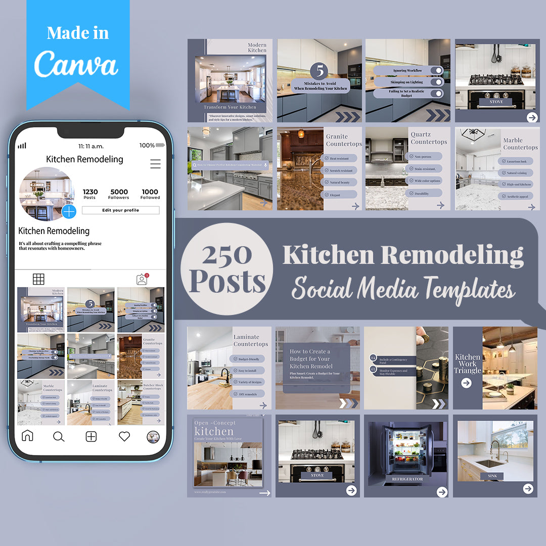 Kitchen Remodelers Social Media Pack: 250 Editable Canva Posts