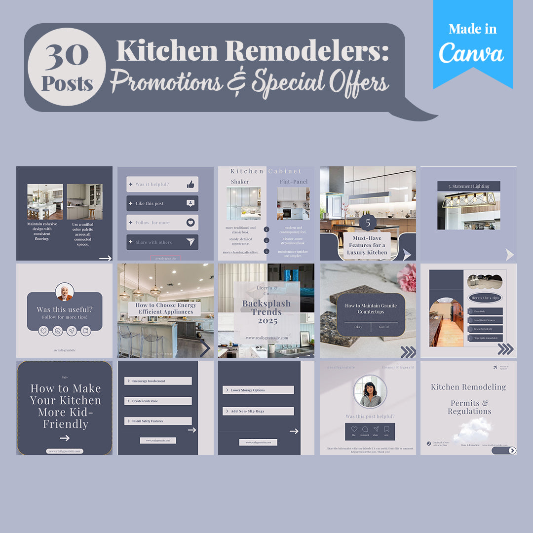 Kitchen Remodelers Social Media Pack: 250 Editable Canva Posts