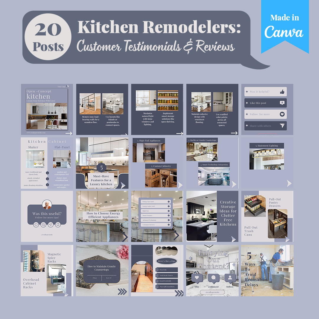 Kitchen Remodelers Social Media Pack: 250 Editable Canva Posts