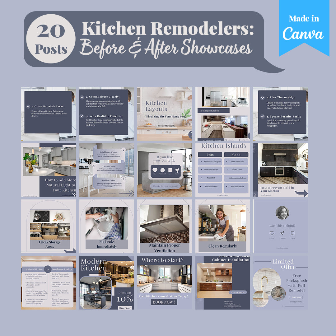 Kitchen Remodelers Social Media Pack: 250 Editable Canva Posts