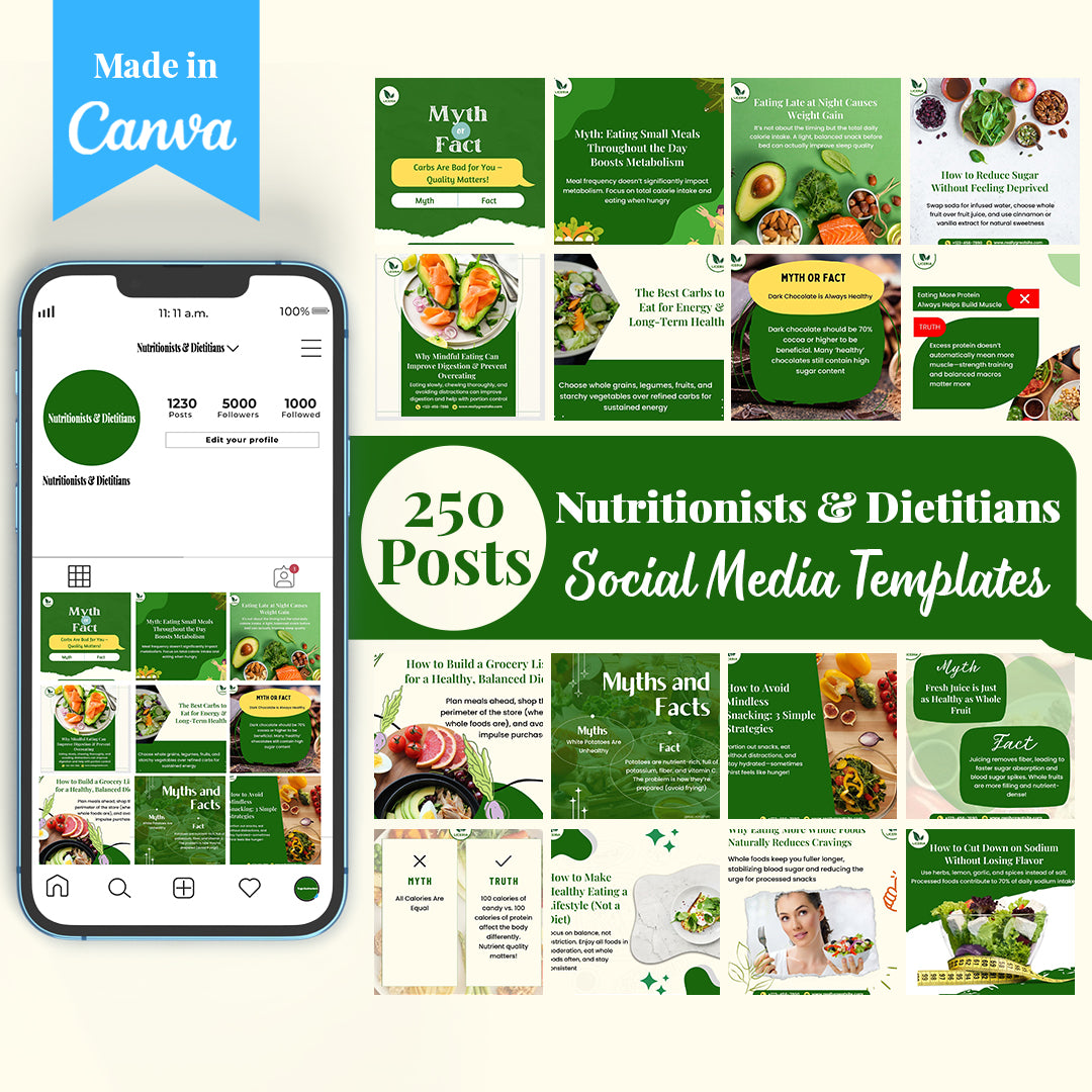 Nutritionists & Dietitians Social Media Template Pack: 250 Editable Canva Posts