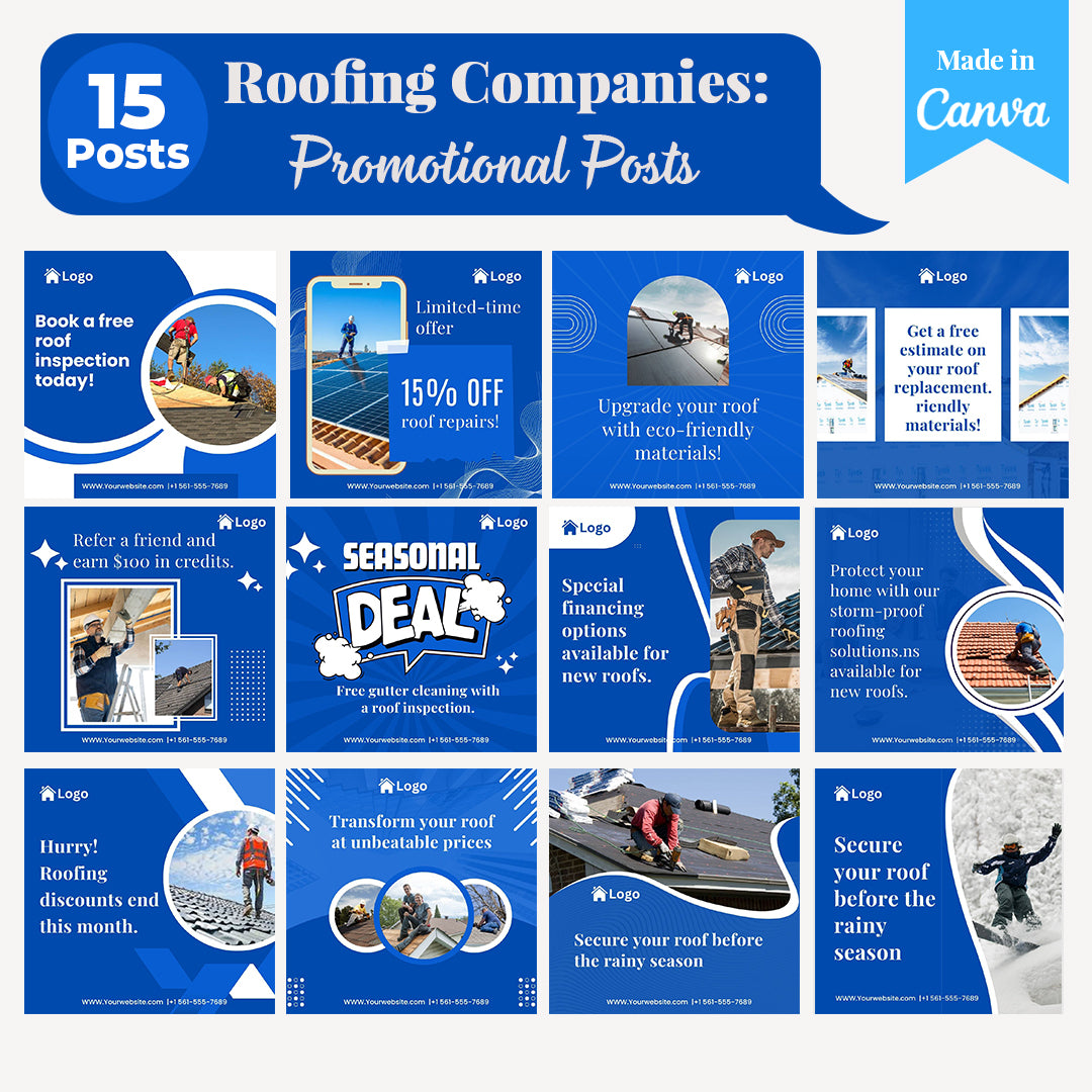 Roofing Companies Social Media Templates: 250 Editable Canva Posts