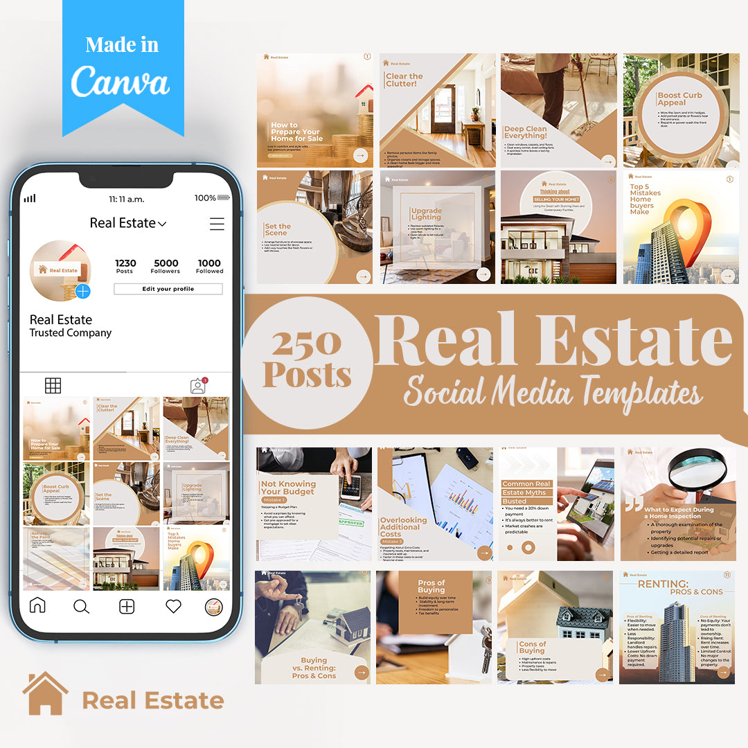 Real Estate Social Media Pack: 250 Editable Canva Posts