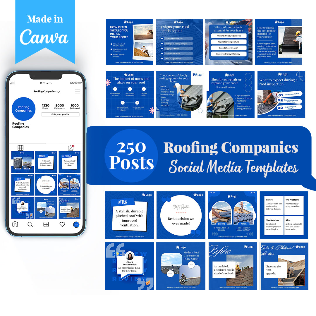 Roofing Companies Social Media Templates: 250 Editable Canva Posts